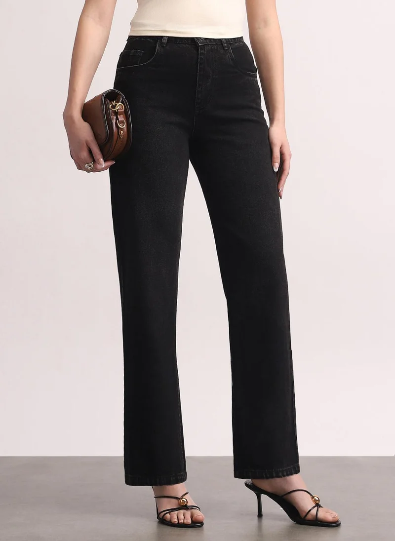 أوربانو فاشن Urbano Fashion Women's Black High Rise Straight Fit Washed Jeans Non-Stretchable